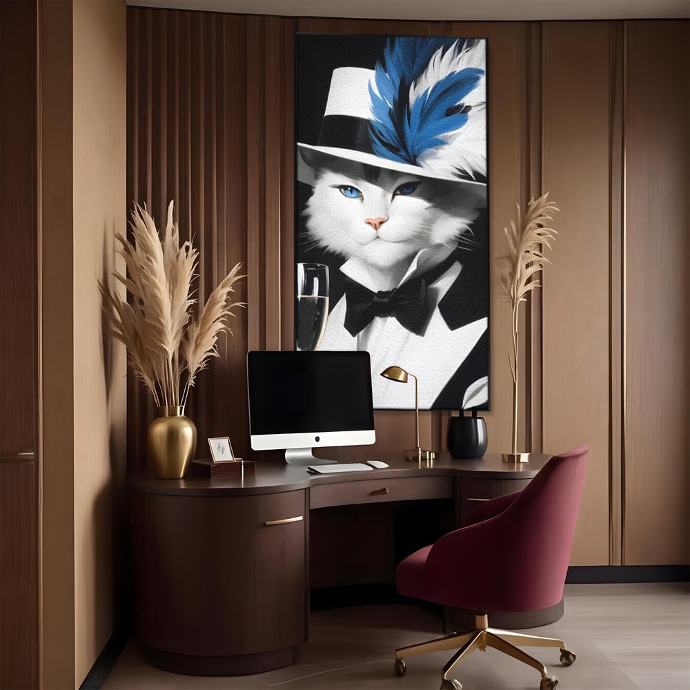 Tablou canvas cu tablou canvas cu pisica aristocrata in costum, in rama de aluminiu negru, pe perete intr-un birou